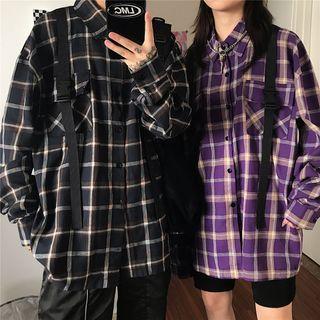 Front Pocket Buckled Plaid Button-down Shirt