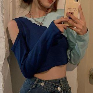 Long-sleeve Two Tone Cold-shoulder Crop Top