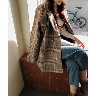 Double-breasted Raglan Boxy Plaid Jacket Beige - One Size