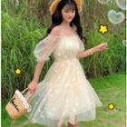 Off-shoulder Puff-sleeve Mesh Dress