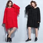 Fringed Trim Long-sleeve Chunky Knit Dress