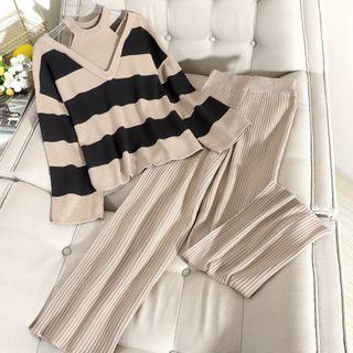 Set: Mock Two-piece Striped Sweater + Wide-leg Pants