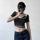 Mock Two-piece Short-sleeve Contrast Trim Cropped T-shirt