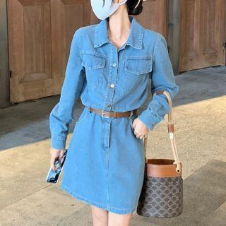 Set: Long-sleeve Henley Denim Shirt Dress + Belt
