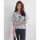 Flower-embroidered Stipe Cotton T-shirt
