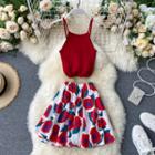 Set: Knit Camisole + Flower Print A-line Skirt Red - One Size