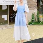 Bubble Sleeve Square Neck Color Block Cutout-back A-line Dress