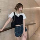 Mock Two-piece Short-sleeve Lace-up Top Black & White - One Size
