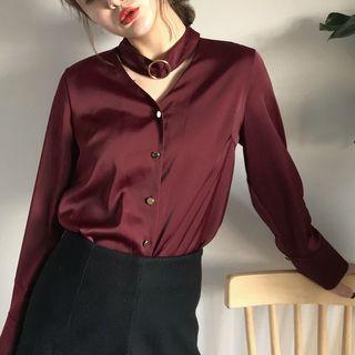 Long-sleeved Straight V-neck Plain Blouse