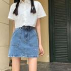High-waist Embroidered Denim Mini Skirt