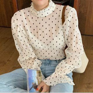 Long-sleeve Dotted Mock-neck Chiffon Blouse Almond - One Size