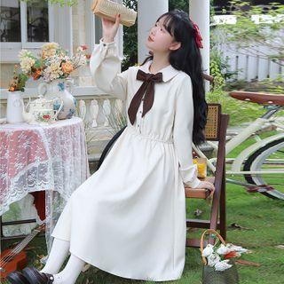 Long-sleeve Collared Bow Midi A-line Dress