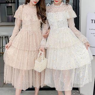 Star Long-sleeve Tiered Mesh Dress
