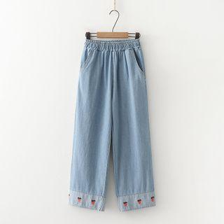 Strawberry Embroidered Straight-cut Jeans Light Blue - One Size