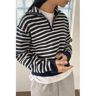 High-neck Zipped Stripe Sweater