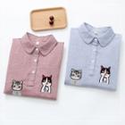 Long-sleeve Cat Embroidery Striped Shirt