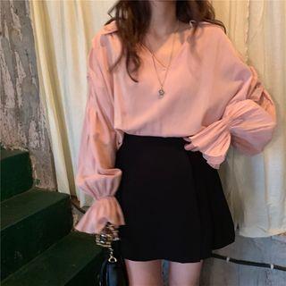 Long-sleeve V-neck Plain Blouse Pink - One Size