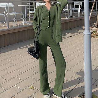 Plain Cardigan / Single-breasted Vest / Straight-leg Pants