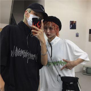 Couple Matching 3/4-sleeve Zip Placket Top