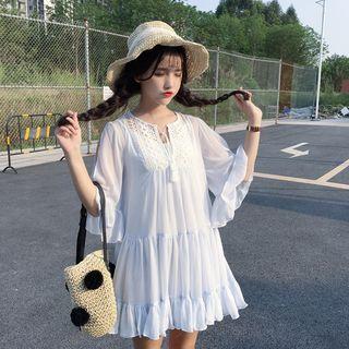 Set: Plain Slipdress + Ruffle Trim Elbow-sleeve Dress