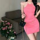 Halter Knit Mini Dress Rose Pink - One Size