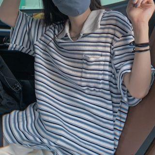 Elbow-sleeve V-neck Striped Polo Shirt