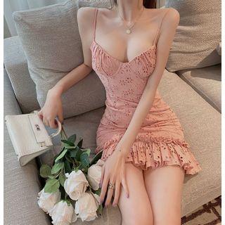 Spaghetti Strap Ruffle Trim Eyelet Mini Bodycon Dress
