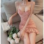 Spaghetti Strap Ruffle Trim Eyelet Mini Bodycon Dress