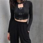 Belted Cut-out Long-sleeve Cropped T-shirt Black - One Size