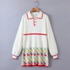 Polo-neck Print A-line Sweater Dress White - One Size