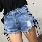 Lace Up Side Distressed Denim Shorts