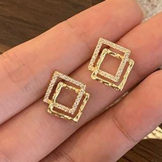Double-layered Square Stud Earring Silver - One Size
