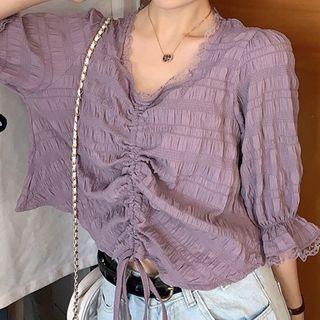 Lace Trim Elbow-sleeve Drawstring Blouse