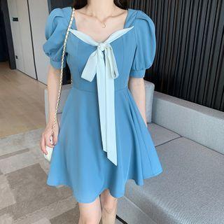 Puff-sleeve Ribbon A-line Dress