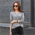 Notched-neckline Long-sleeve T-shirt