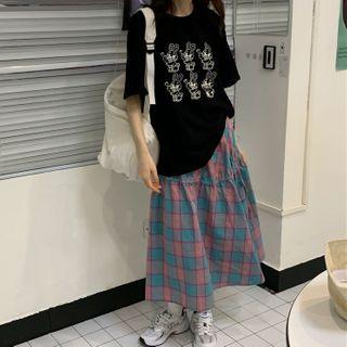 Short-sleeve Printed T-shirt / Plaid A-line Skirt