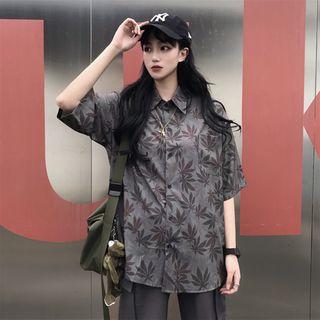 Short-sleeve Leaf Print Shirt Shirt - One Size