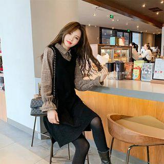 Set: Plaid Shirt + Knit Long Vest