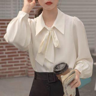 Lantern-sleeve Ribbon Tie-neck Shirt