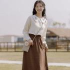 Long-sleeve Blouse / Plaid Midi A-line Skirt / Set