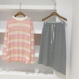 Short-sleeve Striped T-shirt Light Pink - One Size