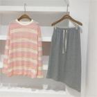 Short-sleeve Striped T-shirt Light Pink - One Size