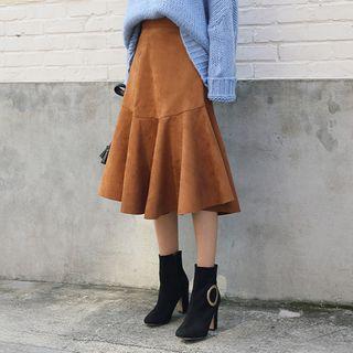 Ruffle-hem Faux-suede Midi Skirt
