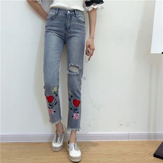 Embroidered Ripped Straight Leg Jeans