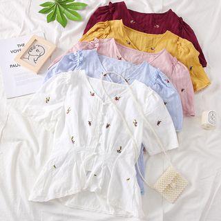 Flower-embroidered V-neck Blouse