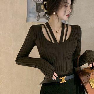 Long-sleeve V-neck Knit Top Coffee - One Size