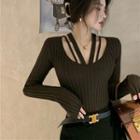 Long-sleeve V-neck Knit Top Coffee - One Size