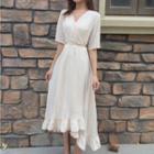 V-neck Elbow-sleeve A-line Midi Dress