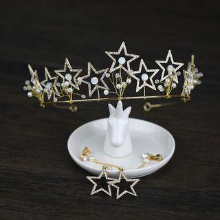Wedding Set: Rhinestone Star Tiara + Dangle Earring Gold - One Size