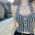 Halter Houndstooth Button-up Knit Camisole Top